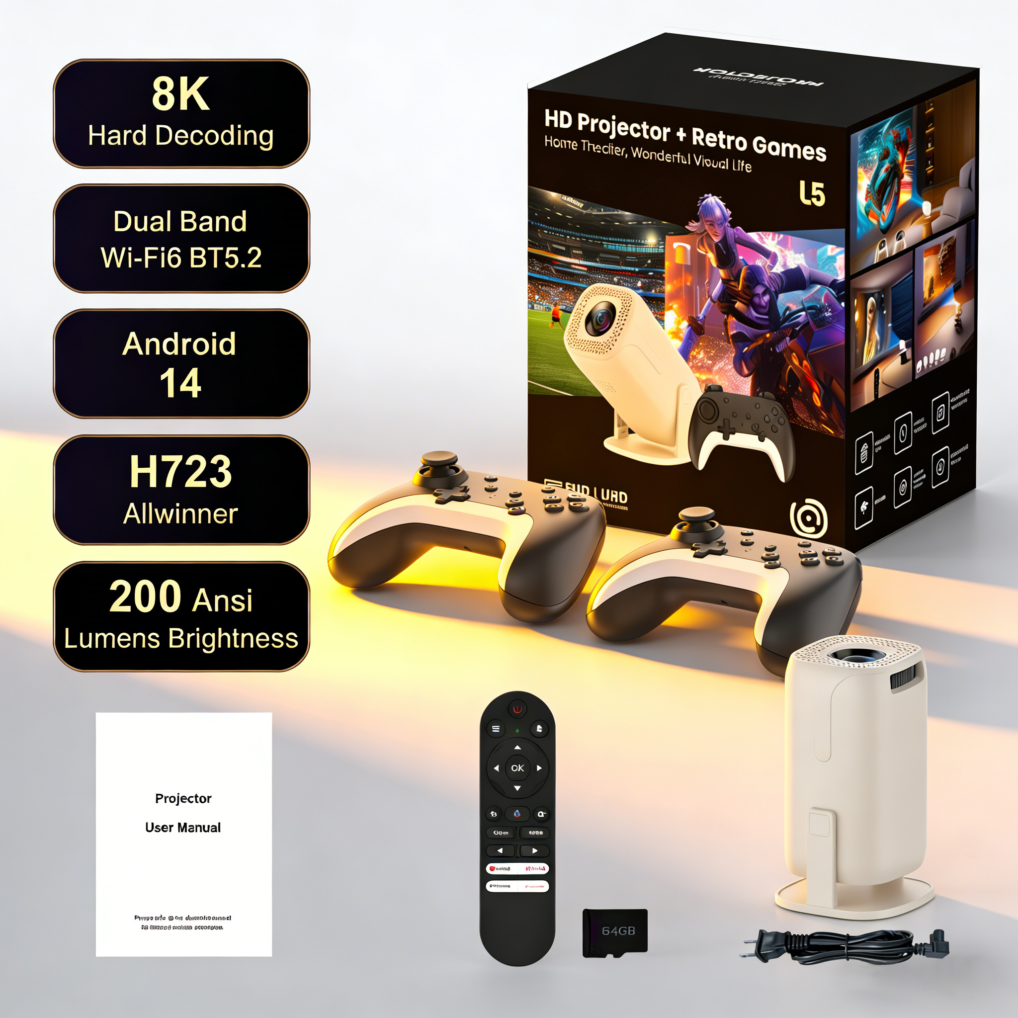 Retro Gaming Projector - U5 Gaming Projector Android 14 Wireless